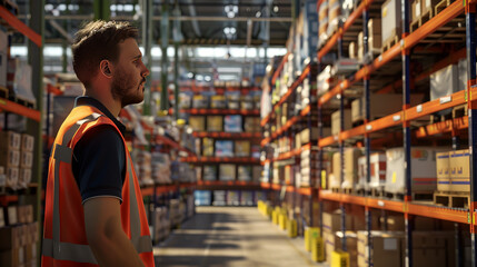 Man in Orange Vest in Warehouse