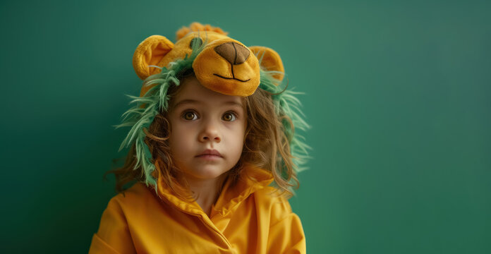young girl with captivating gaze in lion costume on green background, ample space for text 