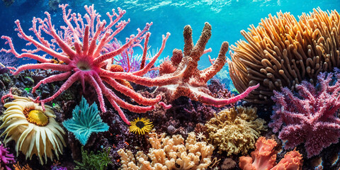 Naklejka na ściany i meble Illustration of underwater world with colorful tropical corals and sunlight streaming through the sea water. Beauty of the coral reef.