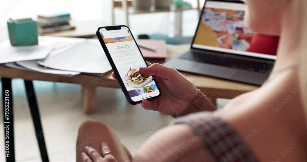 Sticker Hands, phone screen and fast food in home for woman with scroll, choice and search for deal on mobile app. Hungry girl, smartphone and ux for hamburger, lunch and online shopping in lounge at house