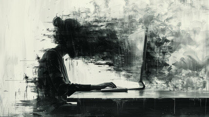 Abstract artistic representation of headache pain with jagged lines and sharp geometric shapes emanating from a silhouette of a head in front of a computer screen