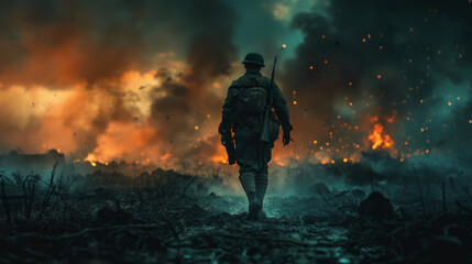 Infantryman walking through a fiery battlefield, smoke and explosions in background, cinematic atmosphere