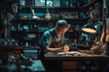 A jeweler works meticulously at his bench in a dimly lit workshop, surrounded by tools.
