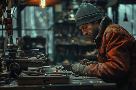A jeweler focused intently on crafting a piece at a well-equipped workbench, surrounded by tools.