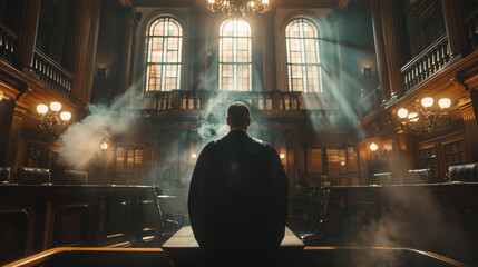 Silhouetted figure standing in a grand courtroom with rays of light filtering through tall windows.