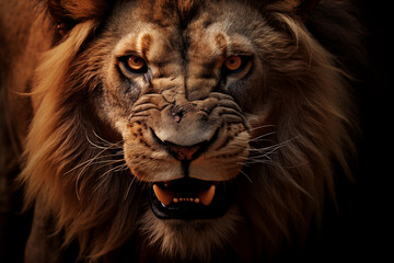 Close-up of a lions face, highlighted against a dark background