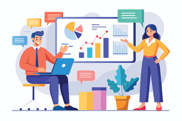 Business Man and Woman Reviewing Growth Data on Laptop, Two business people presenting business growth data research, Simple and minimalist flat Vector Illustration