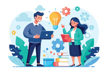 Business Partners Standing Next to Light Bulb, two business people solve business problems with creativity, Simple and minimalist flat Vector Illustration