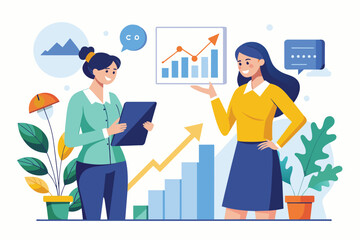 Fototapeta premium Two Women Analyzing Data in Front of Business Chart, two businesswomen discussing growth and business planning, Simple and minimalist flat Vector Illustration