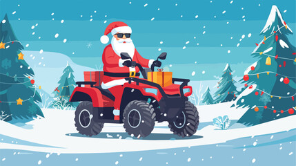 ATV with santa claus christmas tree and gift boxes. 