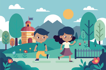 Fototapeta na wymiar A man and a woman walking together through a park, Two children are playing in the park, Simple and minimalist flat Vector Illustration