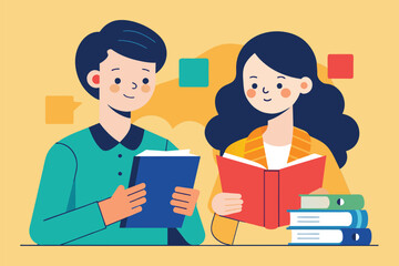 Fototapeta premium A man and a woman sitting together, engrossed in reading a book, two couples studying, Simple and minimalist flat Vector Illustration