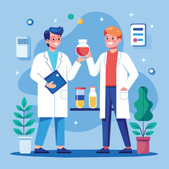 Two men in lab coats are standing together, holding a glass of wine in a laboratory setting, Two doctors standing in lab with medicine formula, Simple and minimalist flat Vector Illustration