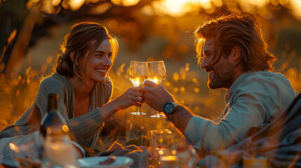 A man and woman toasting with wine glasses during a golden hour picnic.
