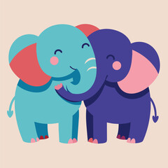 Two elephants stand side by side, touching trunks in a loving embrace, Two elephants holding trunks in a loving embrace, Simple and minimalist flat Vector Illustration