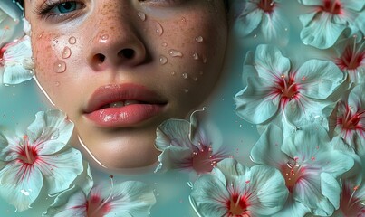 spa procedures rejuvenation facial procedures. flower petals girl's face in the water beautiful bright background