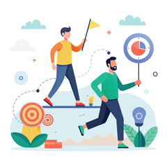Two men are running while carrying a flag and a target, Two mans, goal focused, increase motivation, way to achieve the goal, support and teamwork, Simple and minimalist flat Vector Illustration