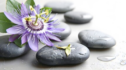 Spa still life of passiflora flower on Zen stones close up on white backgroundSpa still life of passiflora flower on Zen stones close up on white background