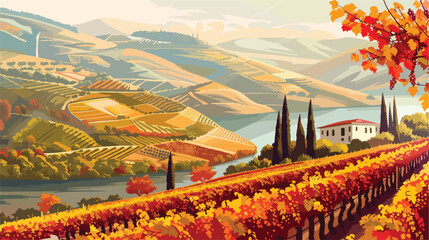 Autumn vineyards and colorful trees  - obrazy, fototapety, plakaty