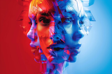 multiple versions of a woman's face, artistic illustration in red and blue