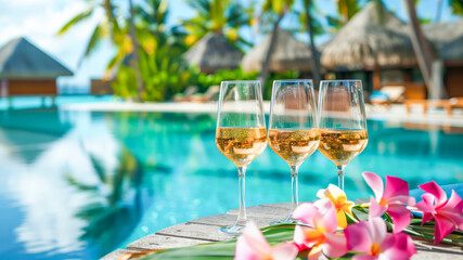 Rose wine in glasses with tropical coast, sandy beach and ocean in the background.