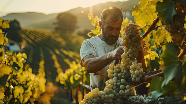 In Galicia under the warm sun a day laborer skillfully plucks ripe Albarino wine grapes from the vines