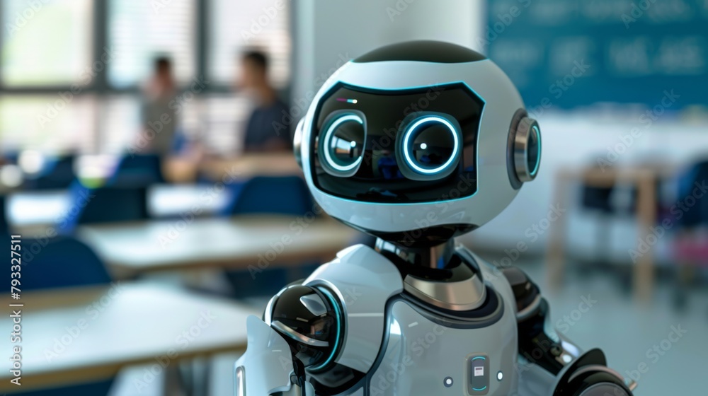 Poster Robot Standing in Room With People in Background