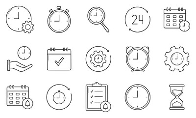 Time management and Clock doodle icons. Timer, hourglass, calendar, 24 hour clock, alarm, stopwatch in sketch style. Hand drawn vector illustration isolated on white background