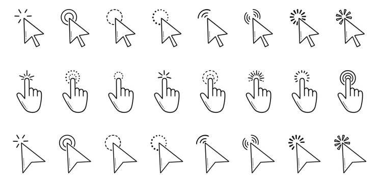 Finger click, computer pointer icon doodle set. Mouse cursor, digital arrow in sketch style. Hand drawn vector illustration isolated on white background