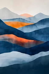 Fotobehang Art A painting of a mountain with blue and orange slopes under a vibrant sky © Nadtochiy