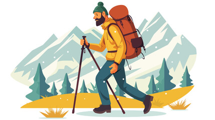 Backpacker trekking hiking with walking poles. Hiker - obrazy, fototapety, plakaty