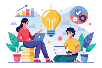 Man and Woman Sitting on a Pile of Books With Light Bulb Above, Two people are looking for ideas and analysis to increase revenue, Simple and minimalist flat Vector Illustration
