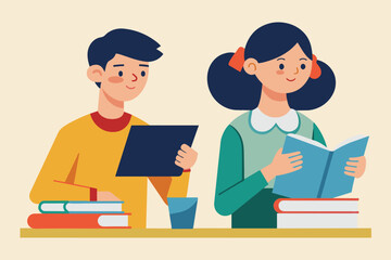 A man and a woman sitting closely together, reading a book, two people are studying, Simple and minimalist flat Vector Illustration