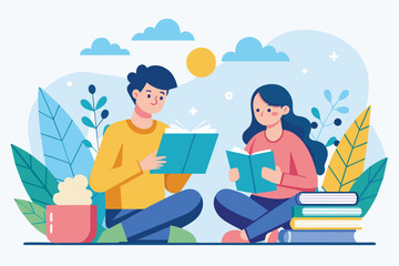 Two individuals engaged in studying while seated on the ground, Two people are studying outdoors trending, Simple and minimalist flat Vector Illustration
