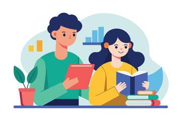 A man and a woman are sitting together, engrossed in reading books, two people are studying, Simple and minimalist flat Vector Illustration