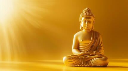 Golden Buddha figurine meditates in the lotus position. Yellow background. Copy spaceGolden Buddha figurine meditates in the lotus position. Yellow background. Copy space