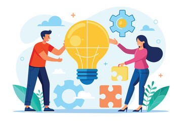 A man and a woman are connecting pieces of a light bulb puzzle together, Two people connecting light bulb puzzle, finding ideas solving problems, Simple and minimalist flat Vector Illustration