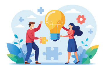Obraz premium A man and a woman are holding a light bulb together, Two people connecting light bulb puzzle, finding ideas solving problems, Simple and minimalist flat Vector Illustration