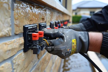 Person Wearing Gloves Working on Brick Wall