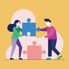 A couple of individuals are collaborating to fit puzzle pieces together, two people put puzzle pieces together, Simple and minimalist flat Vector Illustration
