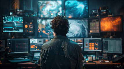 Person in control room monitoring weather patterns on multiple screens.