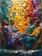 Fototapeta premium Amidst the colorful mosaic tiles, three women find solace on a bench, their laughter echoing through the room like pieces coming together to form a beautiful masterpiece-2