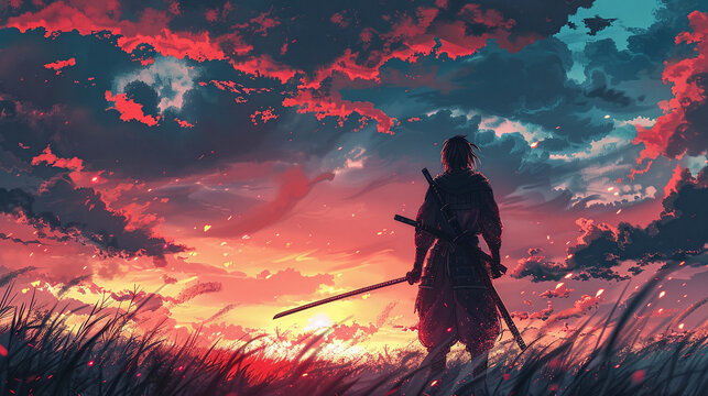 A samurai standing in the grass with his sword raised, watching over him is an endless sky of red and blue clouds in the style of anime, concept art.