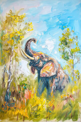 Majestic Elephant Amidst Verdant Wilderness: An Oil Painting Exploration of Natures Grandeur