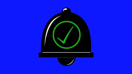 bell icon with green checkmark, under alarm activated concept. On a blue chroma key background