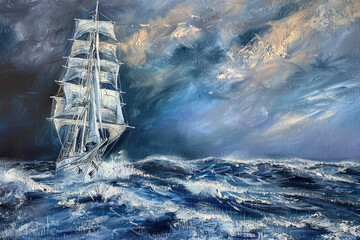 Majestic Spanish Galleon Braving the Turbulent Ocean Blues at Dusk - obrazy, fototapety, plakaty