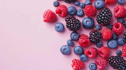 A photo of scattered berries, including blueberries and raspberries, on the right side with a pink background. 