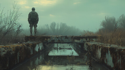 A solitary military engineer stands on a dilapidated bridge amidst a foggy landscape, evoking a somber mood. - Powered by Adobe