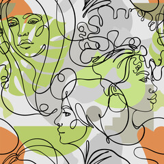 Abstract seamless pattern in modern simple style. Female faces. One line drawing. Design for wrapping paper, wallpaper, fabrics and fashion clothes.