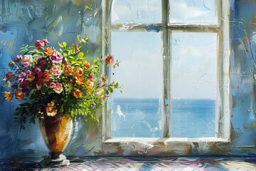 Radiant Blooms Adorning a Sunlit Renaissance Room Overlooking the Sea